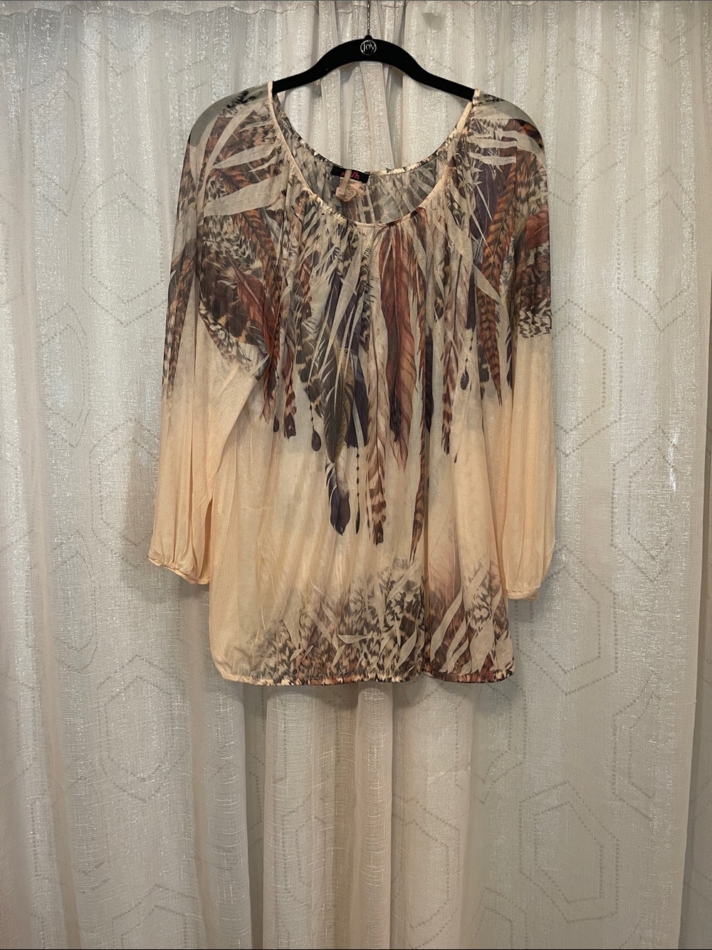 Blush Cream Feather-Print Peasant Tunic